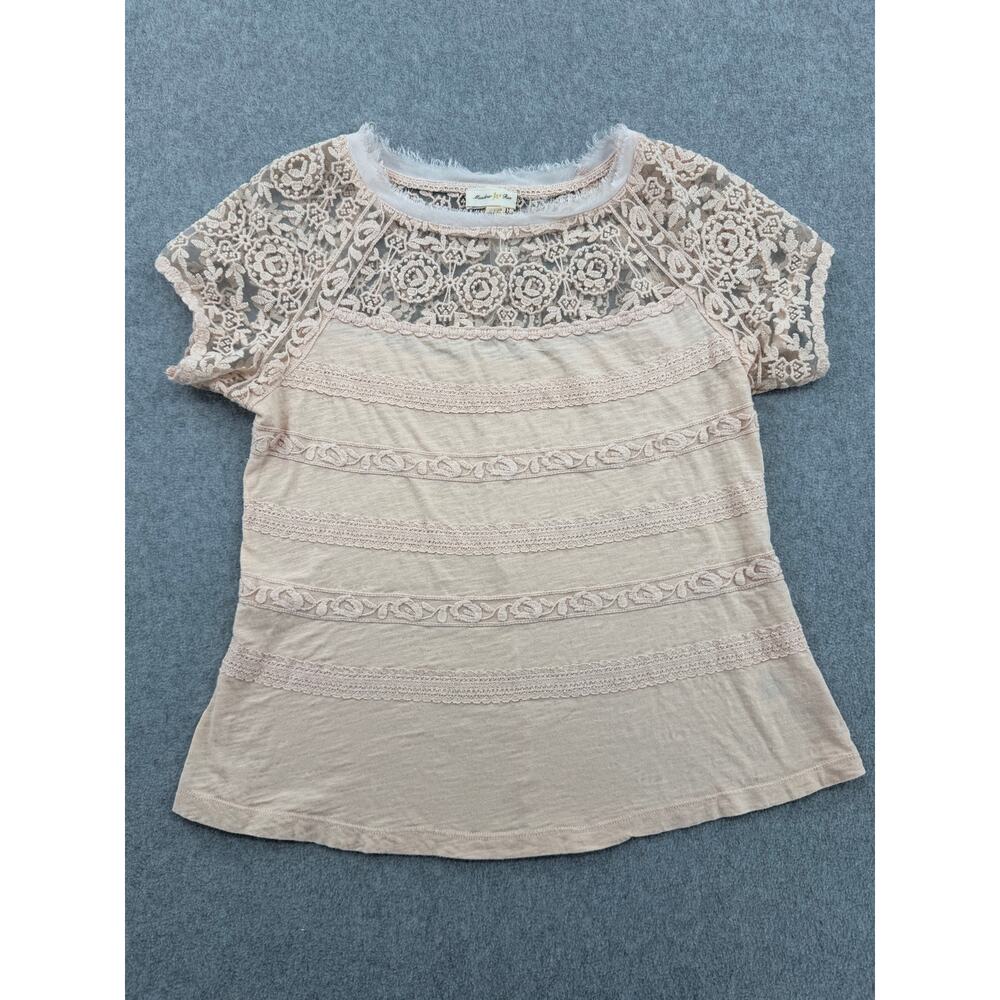 Anthropologie-Meadow Rue Lace Boho Top Cream Short Sleeve Blouse Size Small